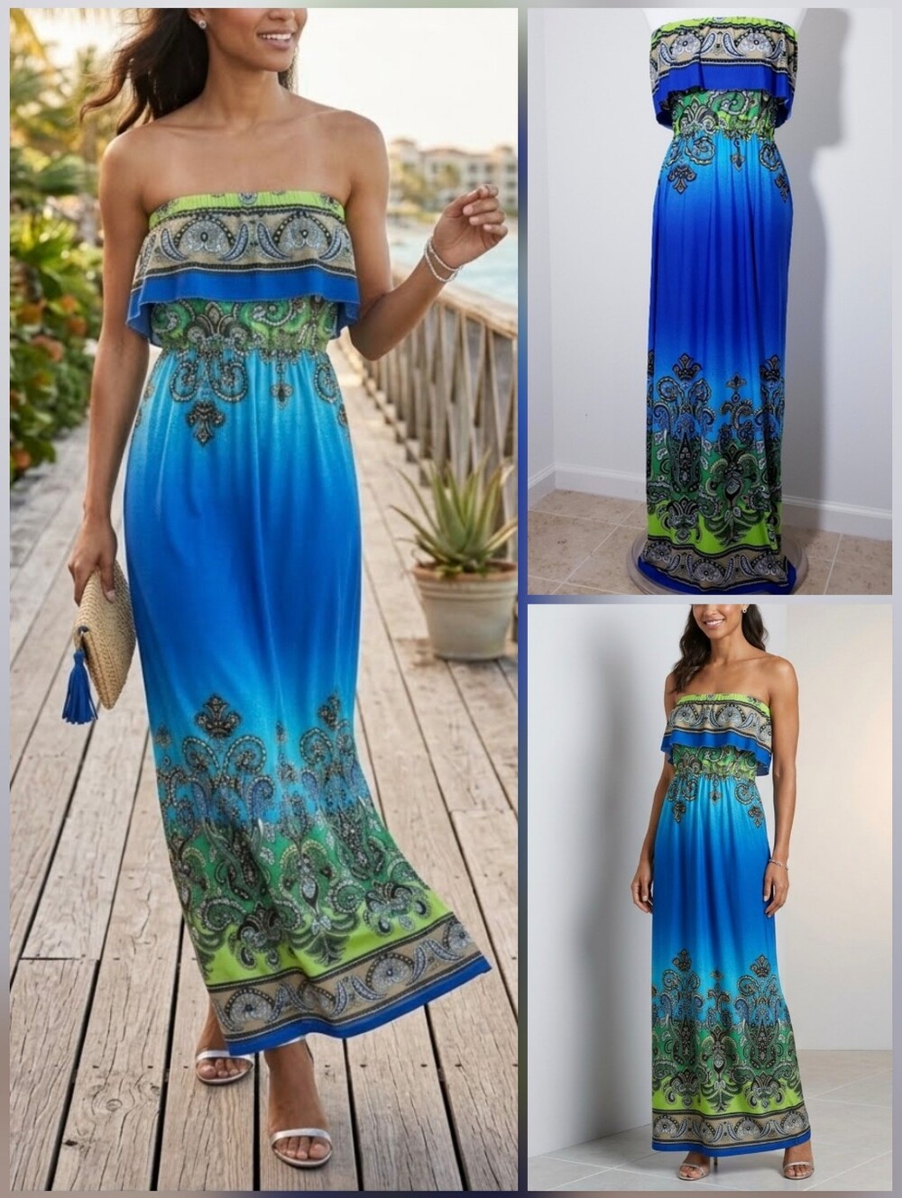 ❤️BONGO Y2K blue/green paisley strapless maxi 🤍Small